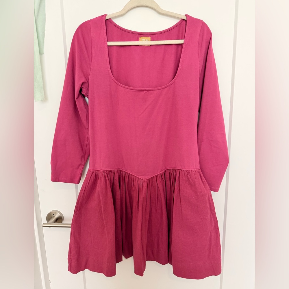 Free people Drop-waist Magenta Scoop Neck Long Sleeve Cotton Dress